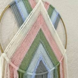 Pink & Green Yarn Wall Hanging, Pastel Nursery Decor, Macrame Art, Boho Tapestry, Beaded Handmade Hangings, Dorm Art - thumbnail 2