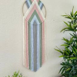 Pink & Green Yarn Wall Hanging, Pastel Nursery Decor, Macrame Art, Boho Tapestry, Beaded Handmade Hangings, Dorm Art - thumbnail 3