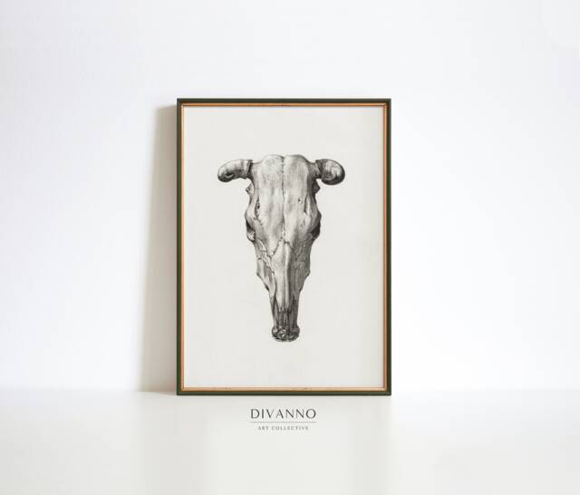 Skull Of A Cow Vintage Poster, Minimalist Art, Gothic Canvas, Print Gift, Giclee Print, Charcoal Black & White Sketch, Western Wall Art - image 1