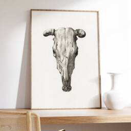 Skull Of A Cow Vintage Poster, Minimalist Art, Gothic Canvas, Print Gift, Giclee Print, Charcoal Black & White Sketch, Western Wall Art - thumbnail 3