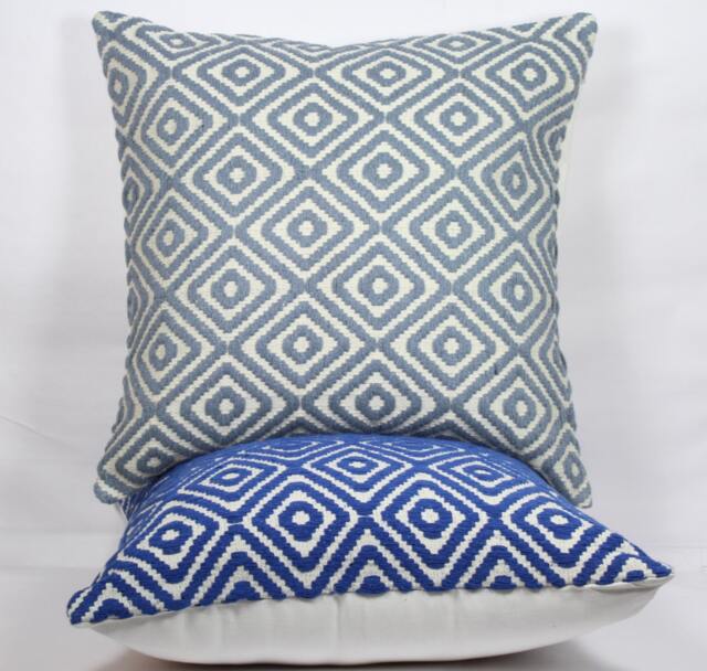 Geometric Throw Pillow Cover Royal Blue & Grey, Textured Cotton - image 1