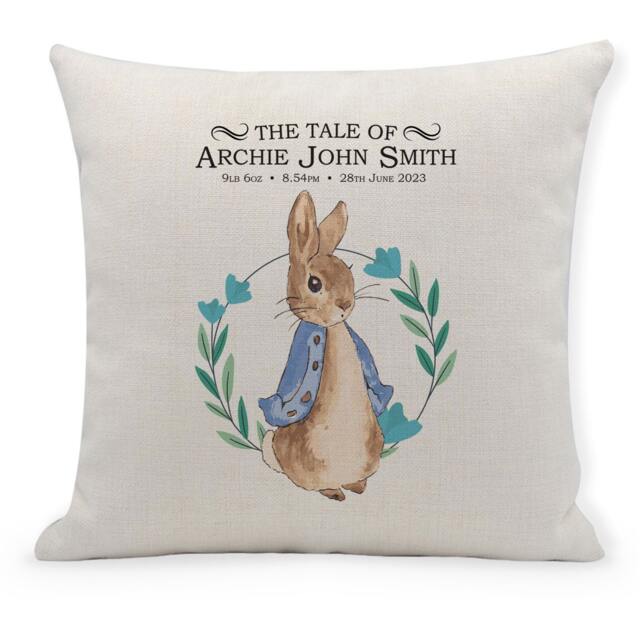 Personalised New Baby Cushion For Boy, Peter Rabbit, Baby, Home Decor, Nursery, Blue - image 1