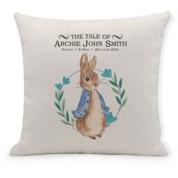 Personalised New Baby Cushion For Boy, Peter Rabbit, Baby, Home Decor, Nursery, Blue - thumbnail 1