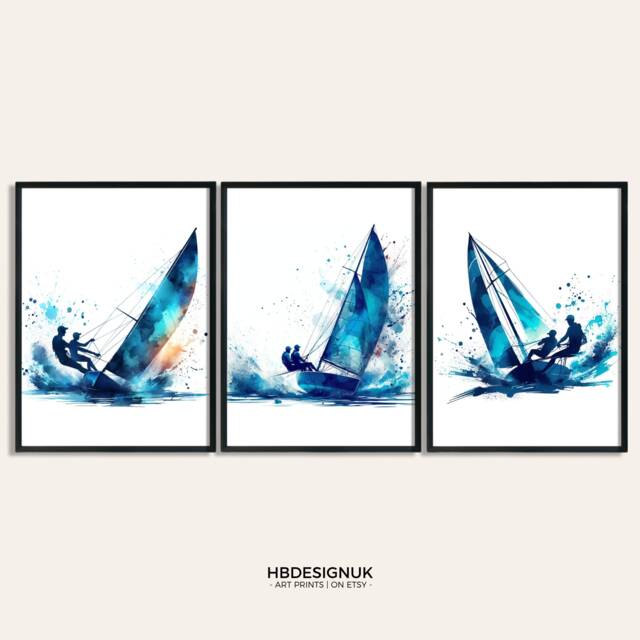 Sailing Gift Print Set - Of 3 Posters - Sailor Gifts Watercolour Painting Blue Wall Art Boating Artwork Decor - image 1