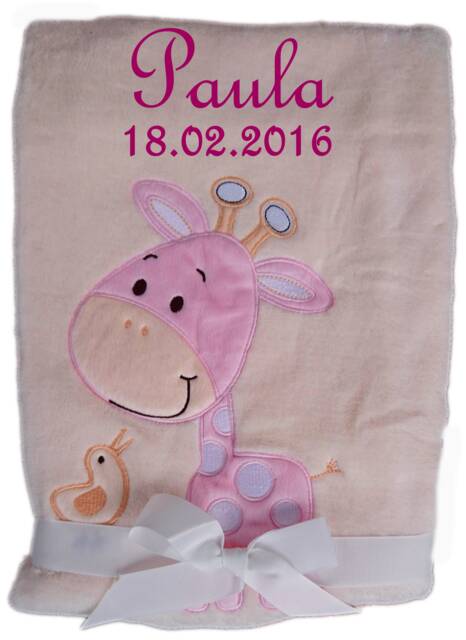 Baby Blanket With Name Embroidered Beige Giraffe Pink