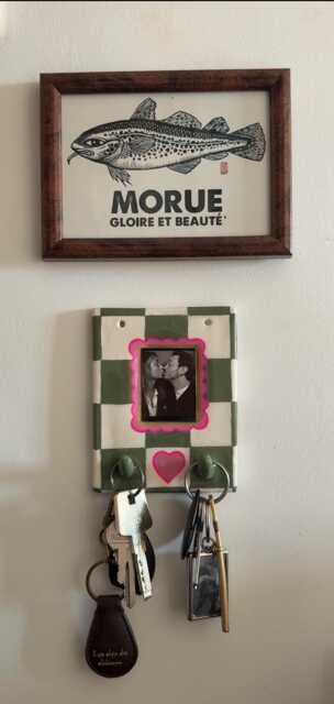 Custom Wall-Mounted Photo Frame With Hooks - Heart & Checkerboard Design Made To Order Handmade - image 1