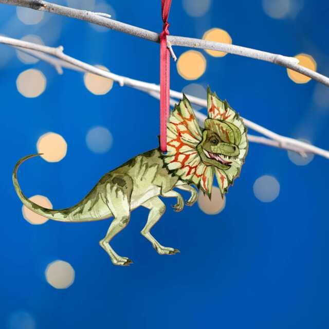 Wooden Dilophosaurus Dinosaur Christmas Tree Decoration, Birch Plywood Lover Gift, Keepsake, Watercolourart - image 1
