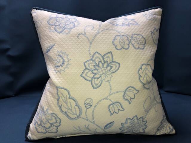 White Pique With Blue Flower Print & Welt Custom Pillow - image 1