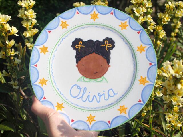 Personalised Children's Plate With Name & Portrait. Stars. Handpainted Ceramic. Birthday Gift. Nursery Wall Art - image 1