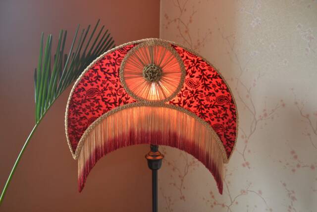 Burgundy Gold Crescent Lampshade Ombre Rayon Fringe, Victorian Style - image 1
