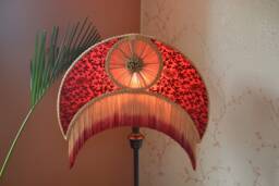 Burgundy Gold Crescent Lampshade Ombre Rayon Fringe, Victorian Style - thumbnail 1