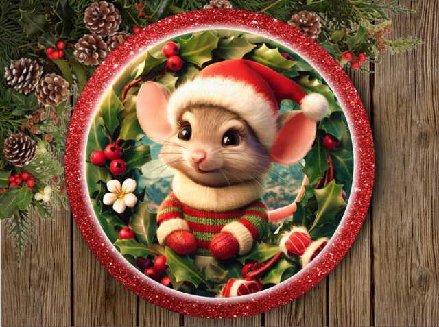 Adorable Xmas Mouse Sign, Cute Christmas Merry Wreath, Wreath Sign - image 1