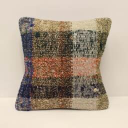 Vintage Turkish Kilim Pillow Cover, Wool Throw - 12x12 Inches - thumbnail 1