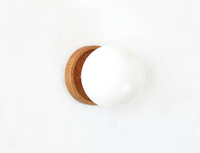 White Oak & Opal Glass Globe Sconce Light Minimalist Wall Fixture Lamp Bedside Utility Vanity - image 1
