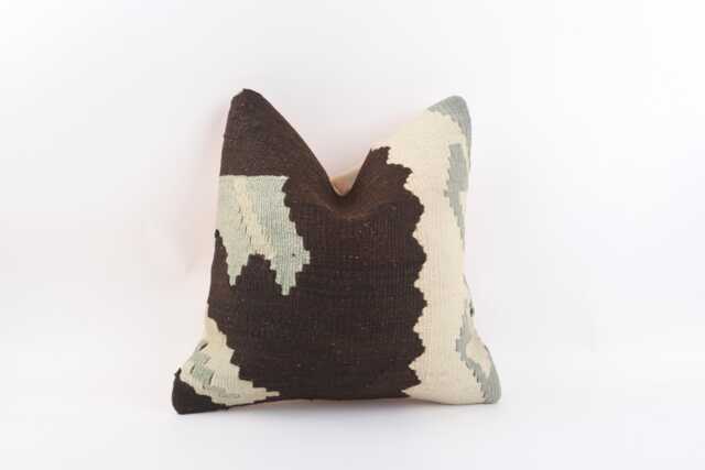Vintage Turkish Kilim Pillow Cover Handwoven Wool Throw 16x16 - image 1
