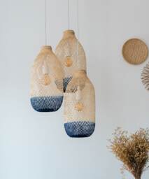 Rustic Cluster Pendant Lighting - Bamboo Baskets Hand-Dyed Navy Blue Triple-Drop White Black Ceiling Canopy - thumbnail 1