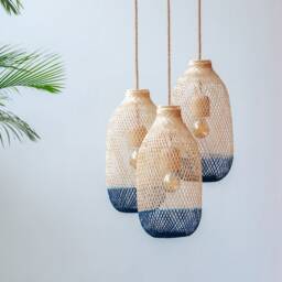 Rustic Cluster Pendant Lighting - Bamboo Baskets Hand-Dyed Navy Blue Triple-Drop White Black Ceiling Canopy - thumbnail 3