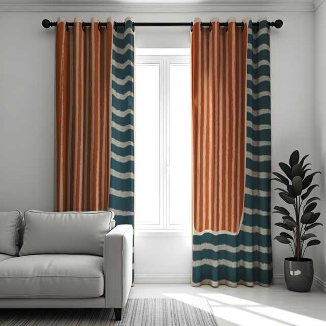 Modern Boho Stripe Curtains, Rust Orange & Teal Blue Patterned Drapes, Geometric Minimalist Window Panels For Living Room Or Bedroom - image 1