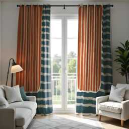 Modern Boho Stripe Curtains, Rust Orange & Teal Blue Patterned Drapes, Geometric Minimalist Window Panels For Living Room Or Bedroom - thumbnail 3