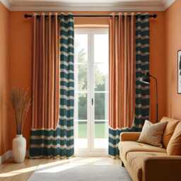 Modern Boho Stripe Curtains, Rust Orange & Teal Blue Patterned Drapes, Geometric Minimalist Window Panels For Living Room Or Bedroom - thumbnail 2