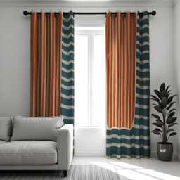 Modern Boho Stripe Curtains, Rust Orange & Teal Blue Patterned Drapes, Geometric Minimalist Window Panels For Living Room Or Bedroom