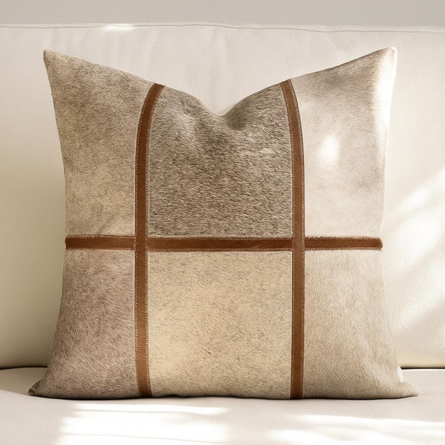 Cowhide Cushion Cover 45x45 Light Beige Leather Pillow Rustic Farmhouse Decor Natural Hairon Hide Western Style Patchwork Throw Handmade - image 1