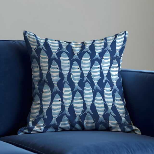 Nautical Fish Cushion Cover, Blue Coastal Throw Pillowcase, Marine Pattern Sofa Case, Beach House Decor - image 1