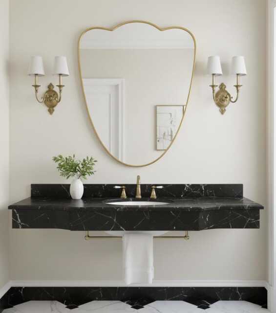 Curved Brass Mirror - Modern Gold Shield Vanity Wall - image 1