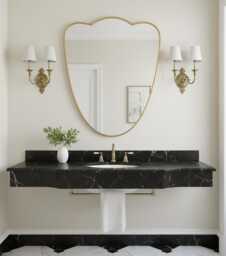 Curved Brass Mirror - Modern Gold Shield Vanity Wall - thumbnail 1