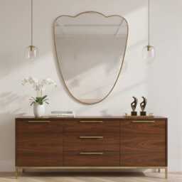 Curved Brass Mirror - Modern Gold Shield Vanity Wall - thumbnail 3