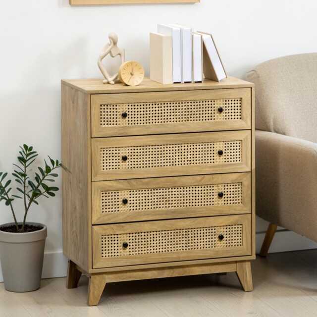 4-Drawer Rattan Chest Of Drawers Natural Wood Storage Dresser For Bedroom & Living Room - image 1