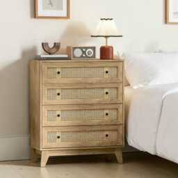 4-Drawer Rattan Chest Of Drawers Natural Wood Storage Dresser For Bedroom & Living Room - thumbnail 2
