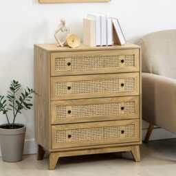 4-Drawer Rattan Chest Of Drawers Natural Wood Storage Dresser For Bedroom & Living Room