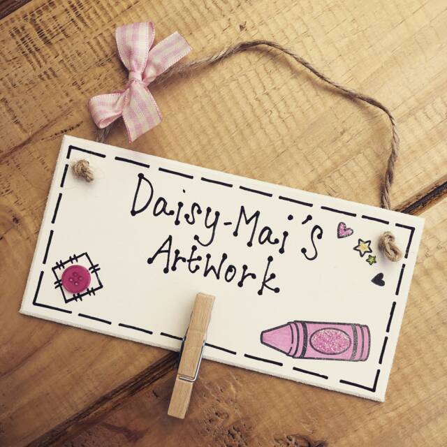 Handmade Pink Wooden Artwork Hanger Personalised Kids Art Display