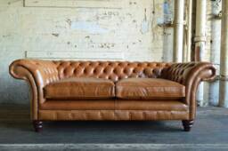 British Handmade 3 Seater Vintage Tan Brown Leather Chesterfield Sofa