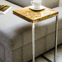 Square Side Table With Polished Steel Leg, Small Coffee Make Of Golden Madrone Burl Veneer, Matching The Elegant Living Room - thumbnail 3