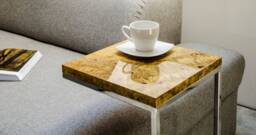 Square Side Table With Polished Steel Leg, Small Coffee Make Of Golden Madrone Burl Veneer, Matching The Elegant Living Room
