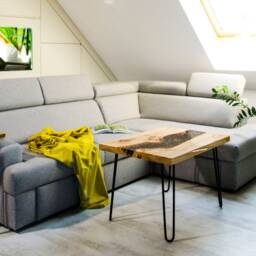 Square Side Table With Polished Steel Leg, Small Coffee Make Of Golden Madrone Burl Veneer, Matching The Elegant Living Room - thumbnail 4