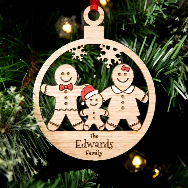 Christmas Decoration, Personalised Bauble, Wood Engraved Ornament, Gingerbread Family, Rustic - image 1
