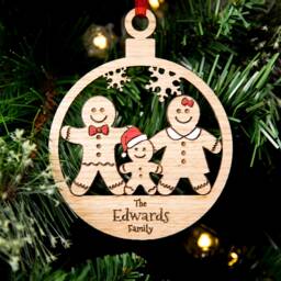 Christmas Decoration, Personalised Bauble, Wood Engraved Ornament, Gingerbread Family, Rustic - thumbnail 1
