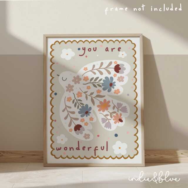 Peace Dove Poster, Wildflower Print, Pastel Flower Bird Girl Nursery Bedroom Decor - image 1