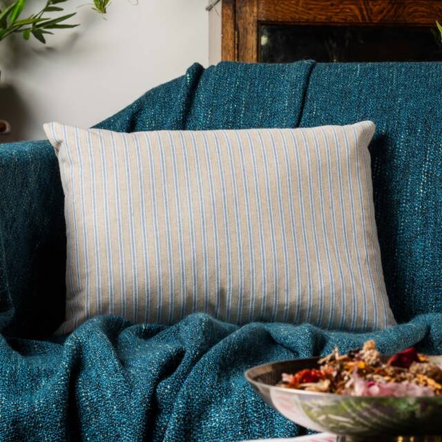 Linen Look Ticking Boudoir Cushion Cover in Denim Blue. Traditional Nautical Inspired Striped Dainty Design. 17x12 - image 1