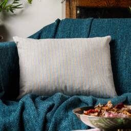 Linen Look Ticking Boudoir Cushion Cover in Denim Blue. Traditional Nautical Inspired Striped Dainty Design. 17x12