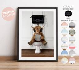 Teenage Highland Cow On Toilet With Tablet, Victorian Toilet, Funny Bathroom Print, Animal Cute Scotland Cow, Whimsy - thumbnail 1
