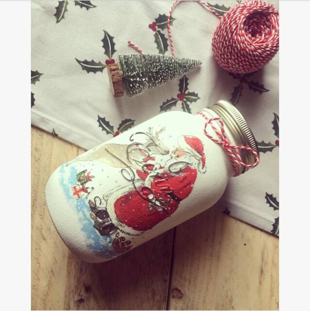 Vintage Style Santa & Reindeer Jar - Christmas, Handmade, Vase, Storage, Festive