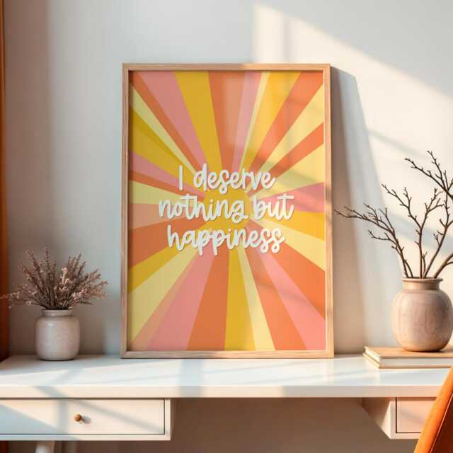 I Deserve Nothing But Happiness Print - Positive Quote Print, A3 A4 A5 Colourful Motivational Wall Art, Feed Good Prints, Happy Art - image 1