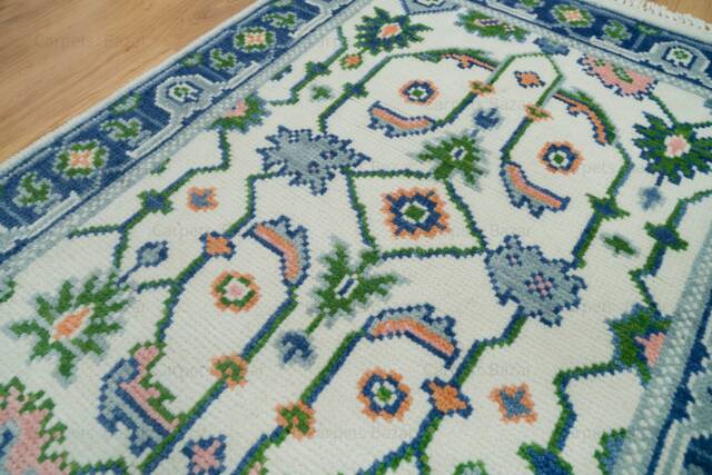 Handmade Ivory Blue Oushak Wool Rug, Peach Green Floral Accent Ar_3741 - image 1