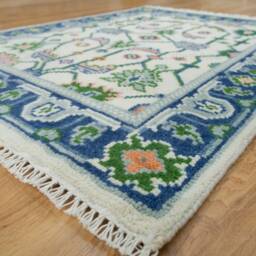 Handmade Ivory Blue Oushak Wool Rug, Peach Green Floral Accent Ar_3741 - thumbnail 2