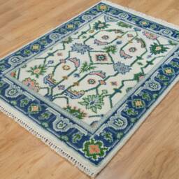 Handmade Ivory Blue Oushak Wool Rug, Peach Green Floral Accent Ar_3741 - thumbnail 3
