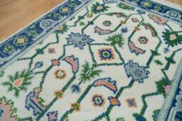 Handmade Ivory Blue Oushak Wool Rug, Peach Green Floral Accent Ar_3741 - thumbnail 1